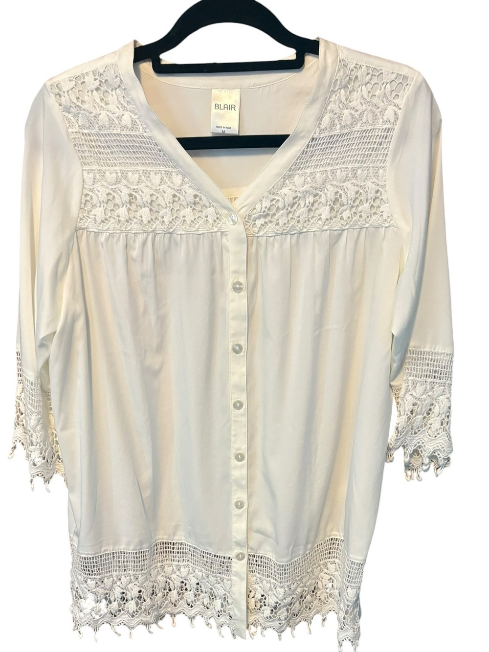 Blair White Lace Trim Boho Blouse Medium Cottagecore Coastal